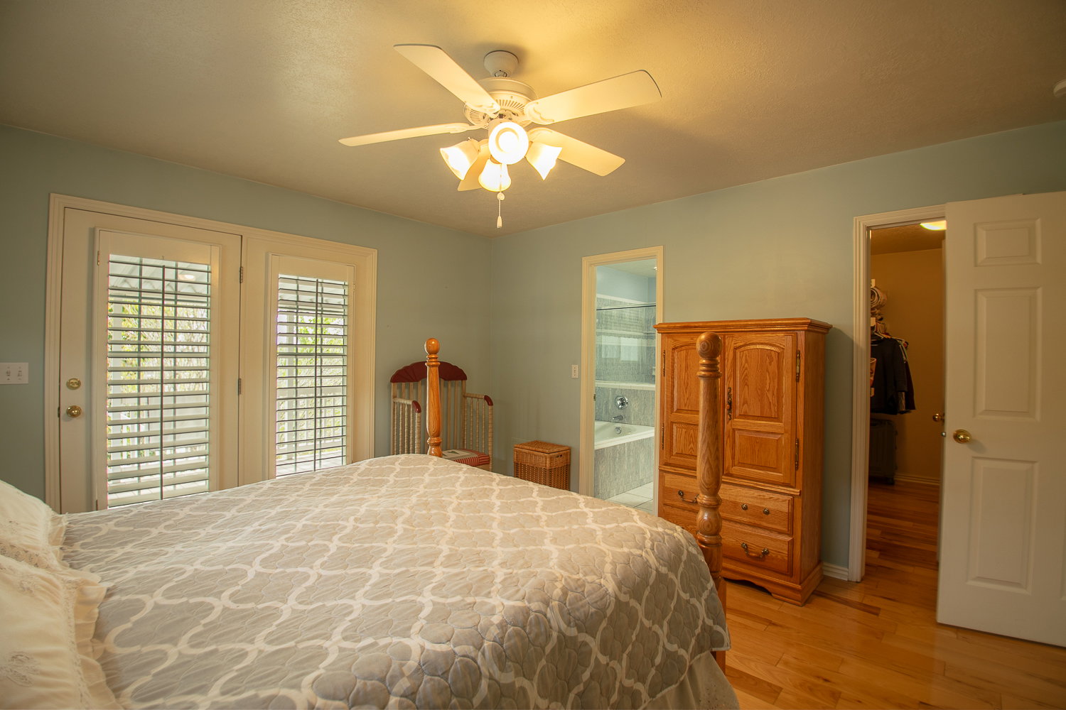 Primary bedroom featuring light blue walls and wood-finish flooring