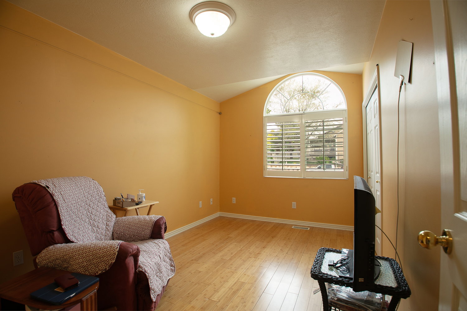Vaulted ceiling room featuring an arched window with plantation shutters, wood-finish flooring, and a flush-mount ceiling light