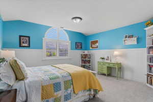 Bedroom with arched window featuring white shutters, carpeted flooring, and wainscoting
