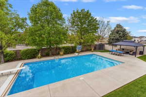 Outdoor swimming pool with a diving board, surrounding concrete decking, and a covered gazebo