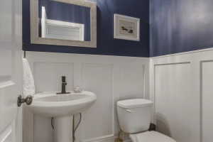 Pedestal sink with dark bronze faucet, framed mirror, and board and batten wainscoting