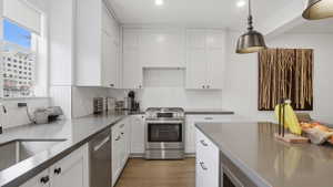 Modern kitchen featuring white shaker cabinetry, stainless steel appliances, a tile backsplash, dark countertops, and wood-finish flooring