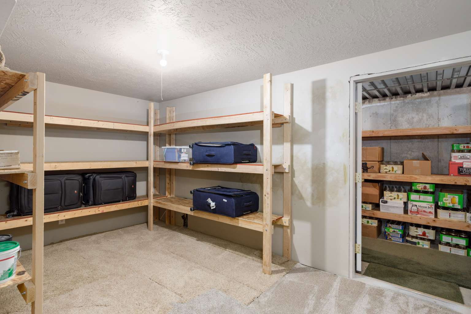 Spacious storage room featuring extensive built-in wooden shelving, neutral carpeting, and an overhead light fixture