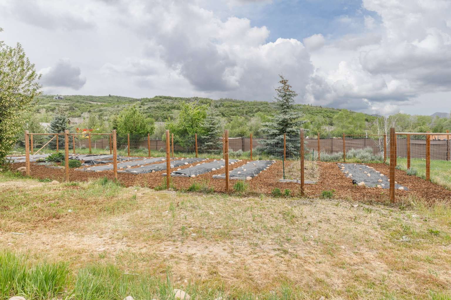 Expansive garden area featuring multiple planting beds, wood chip ground cover, and a surrounding wood fence