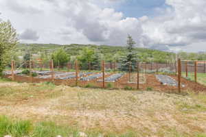 Expansive garden area featuring multiple planting beds, wood chip ground cover, and a surrounding wood fence