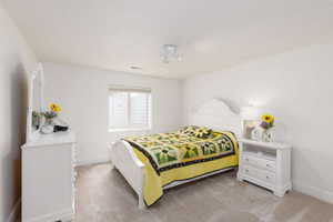 Bedroom featuring white walls, light-colored carpeting, and a window with horizontal blinds