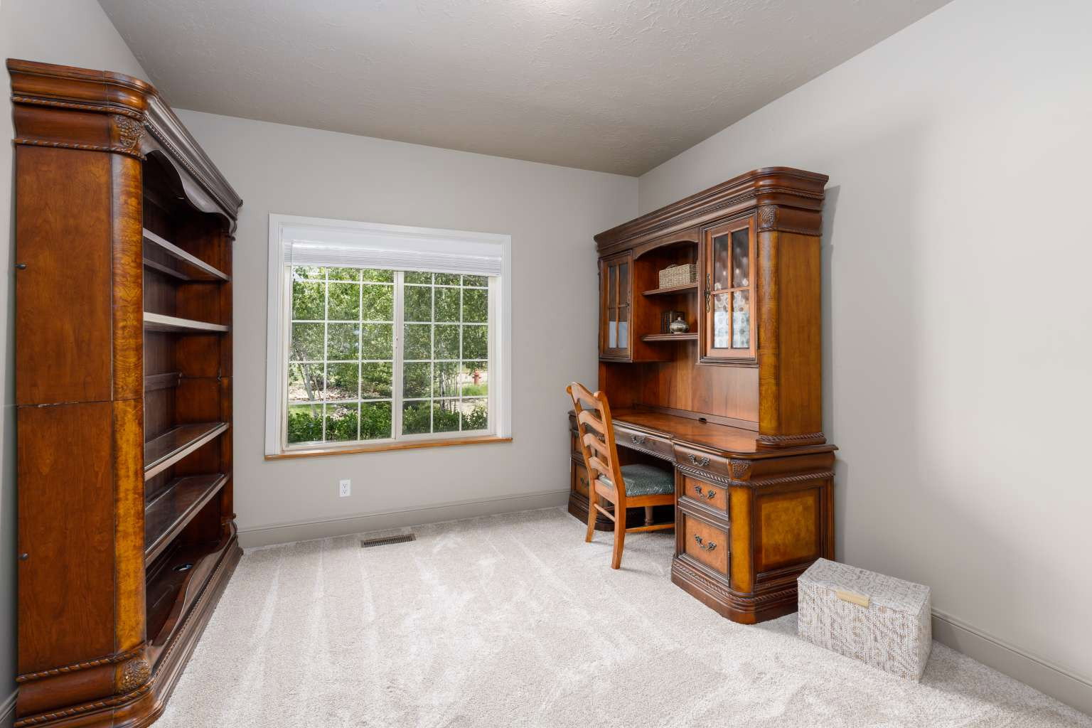 Room featuring light gray wall paint, light-toned carpet flooring, and a large window with white grid panes