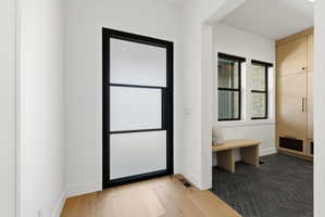 Black-framed door with frosted glass panels