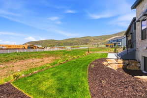 Expansive backyard featuring a manicured lawn, natural rock landscaping, and a concrete pathway leading to exterior stairs with black railings