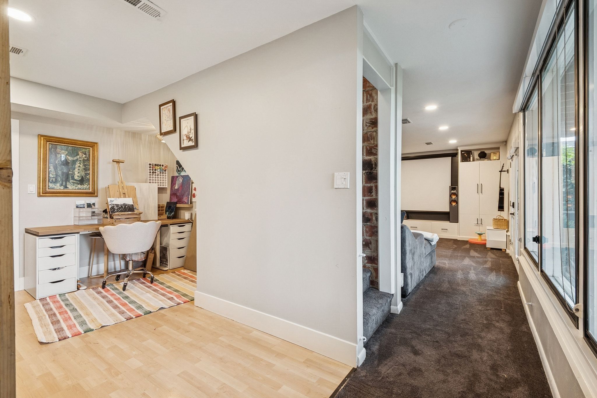 Dedicated workspace featuring wood-finish flooring