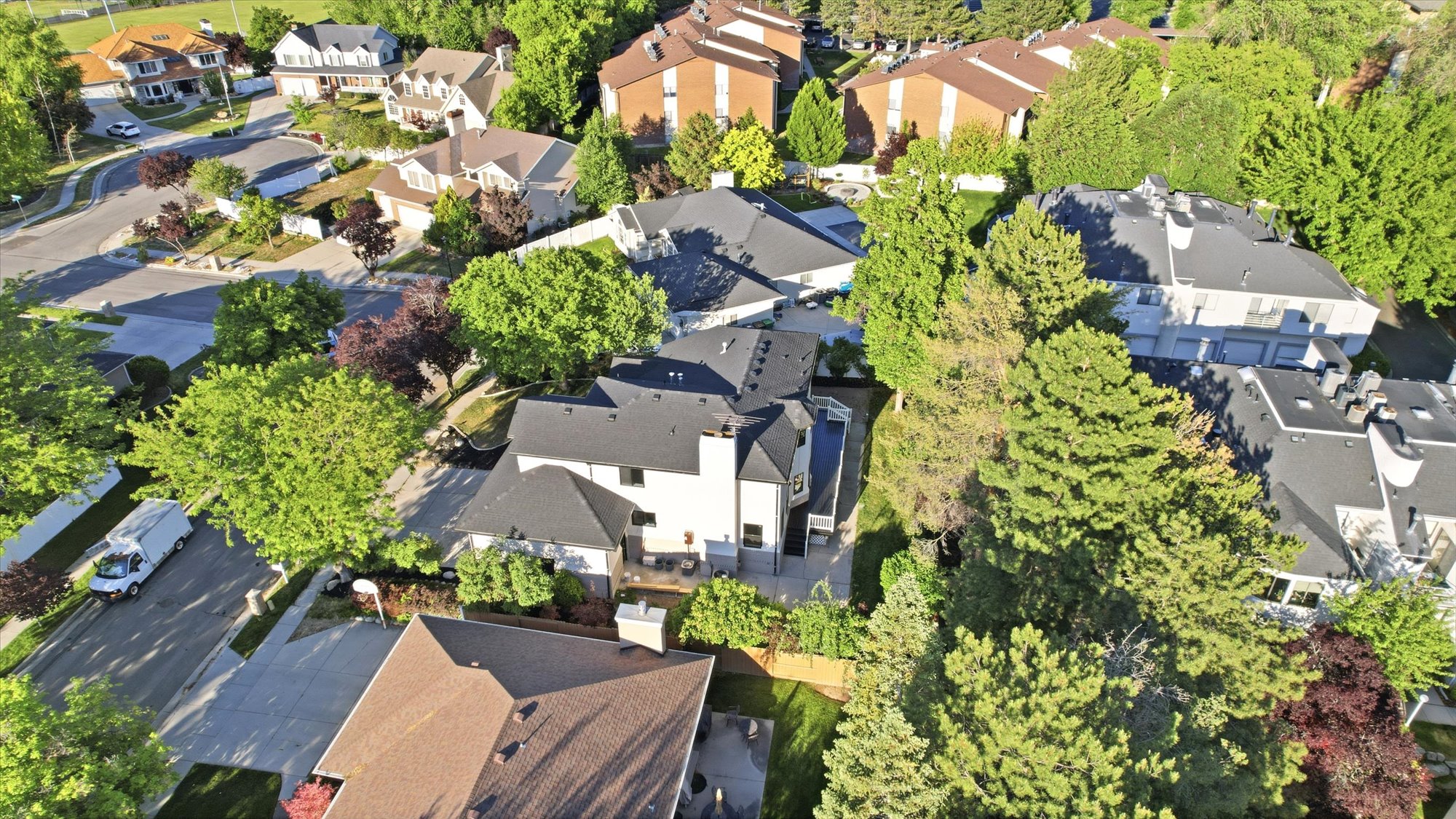 Aerial perspective showcasing a residential neighborhood with varied architectural styles