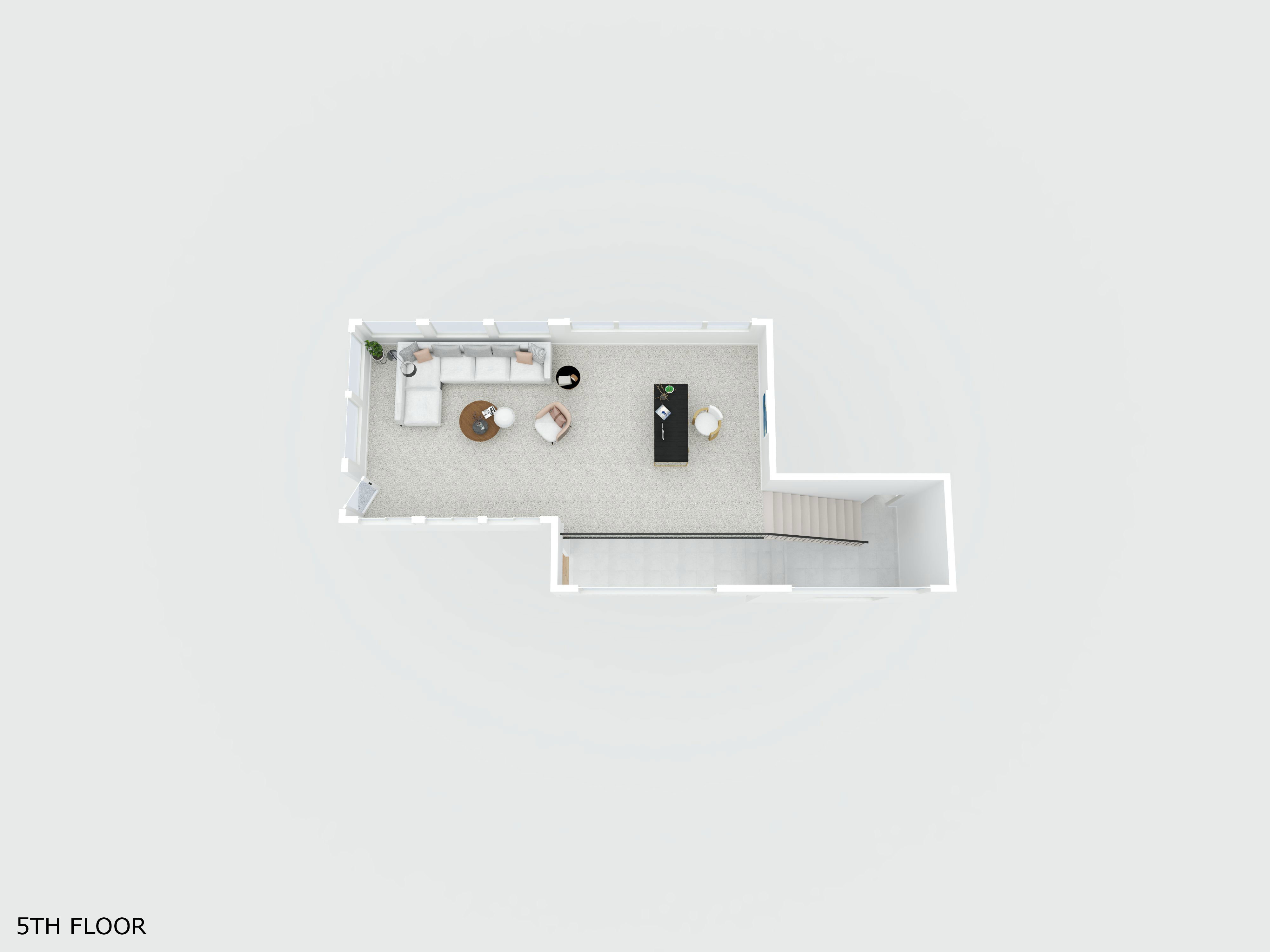 Open-concept living space featuring a carpeted floor, recessed lighting, and a prominent staircase