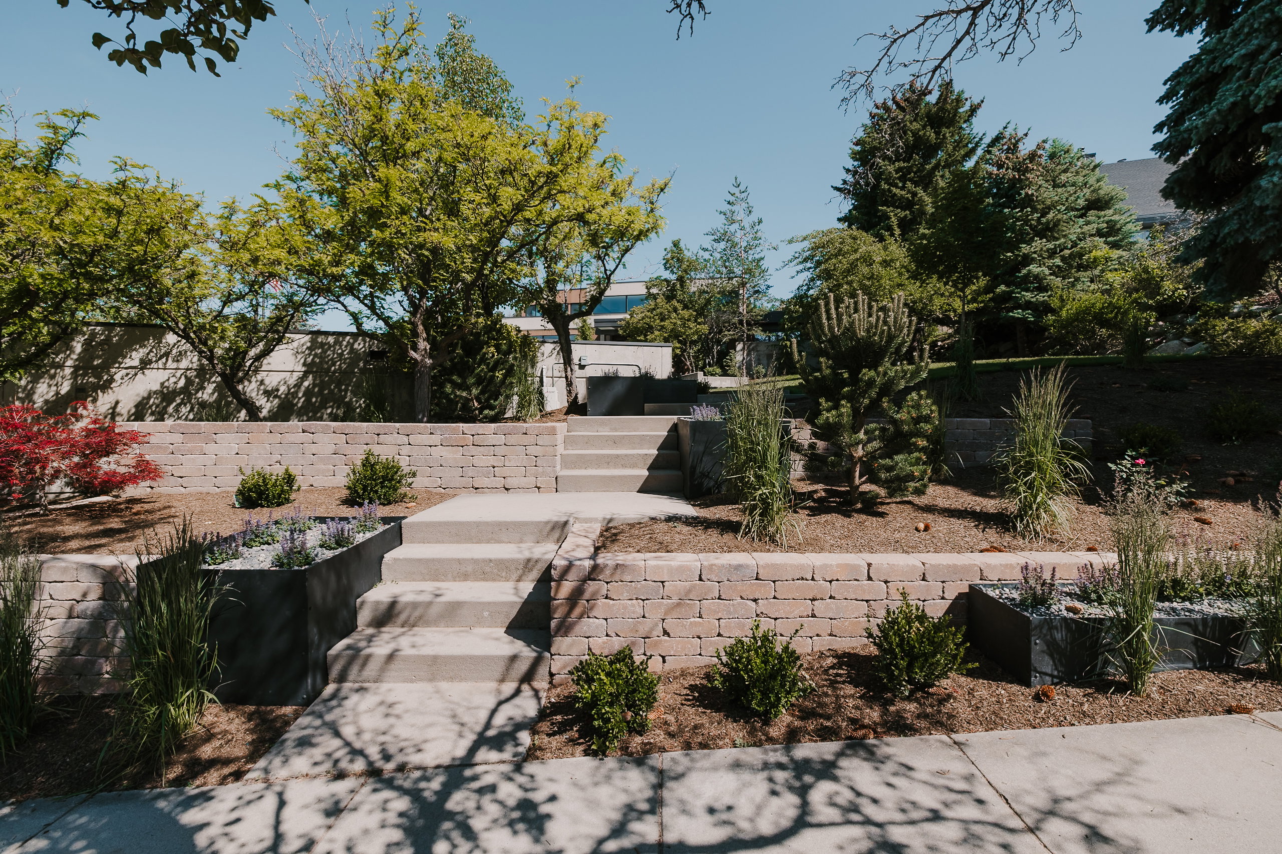 Tiered landscaping featuring concrete steps, retaining walls, and mature greenery
