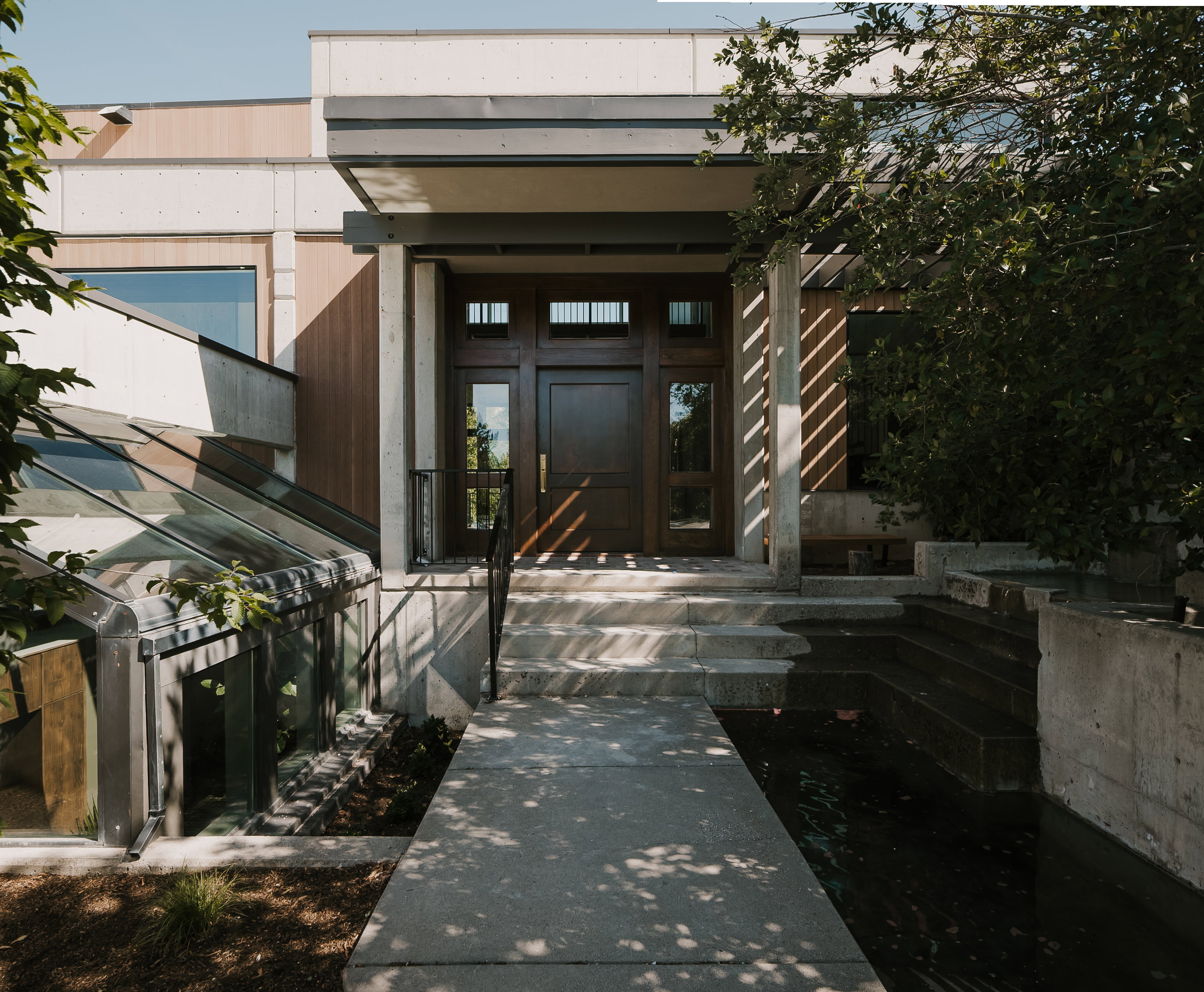 Contemporary entry featuring a multi-panel wood-finish door with sidelights, concrete steps, and a reflective water feature