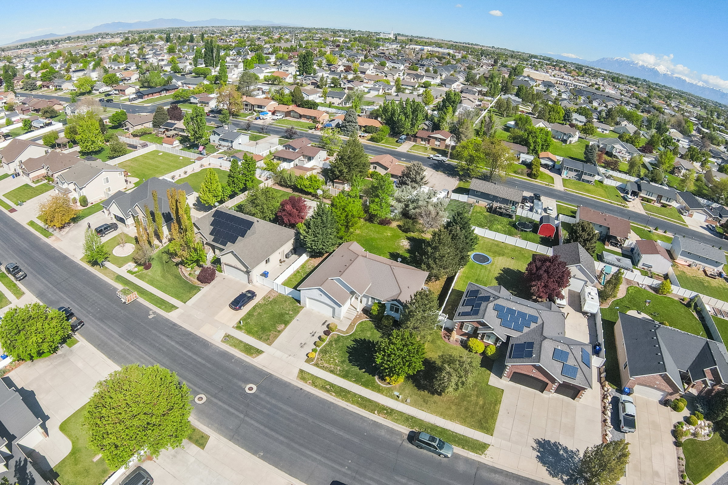 Expansive residential area featuring numerous single-family homes, manicured lawns, and mature trees
