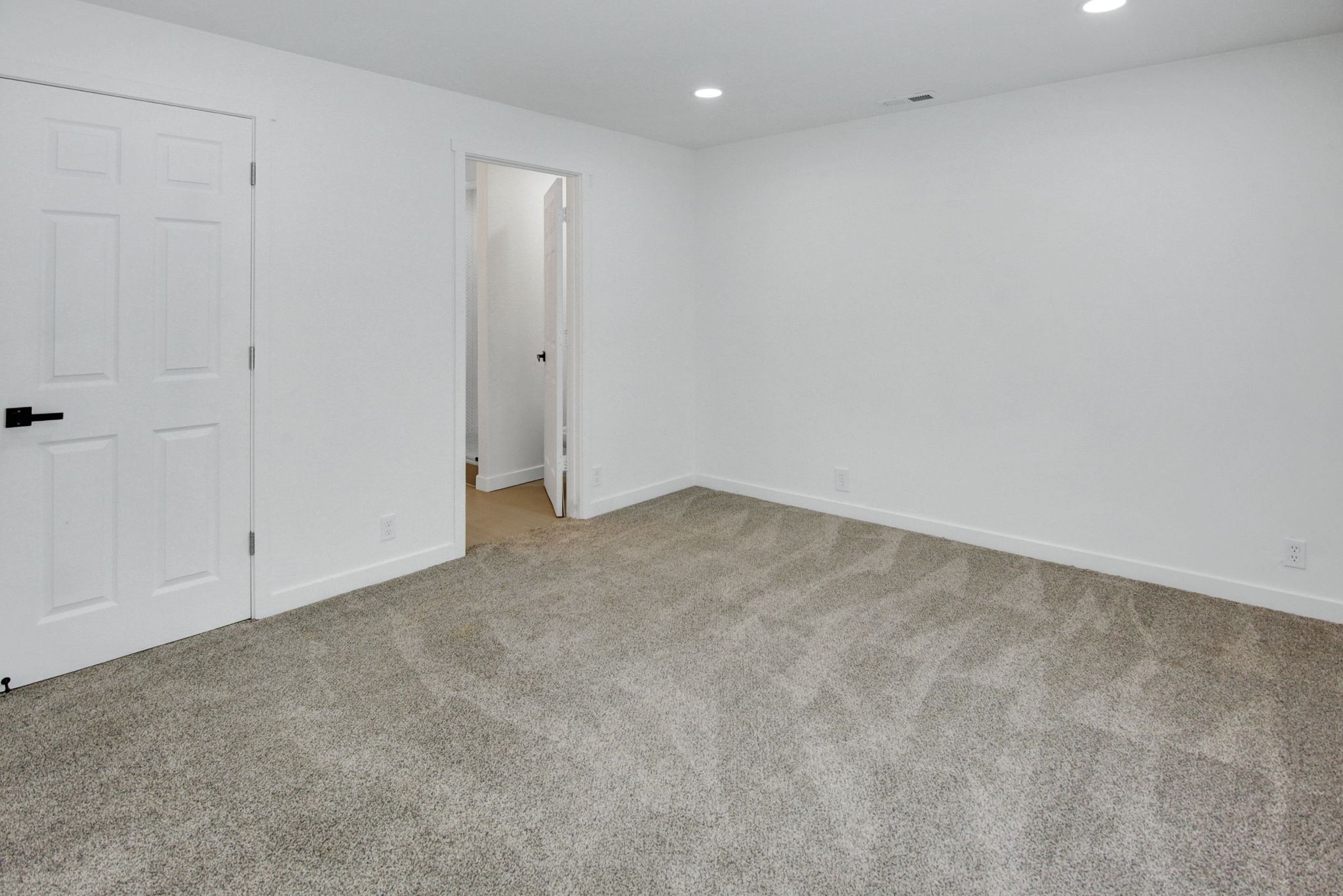 Bright interior room featuring neutral carpeting and white walls