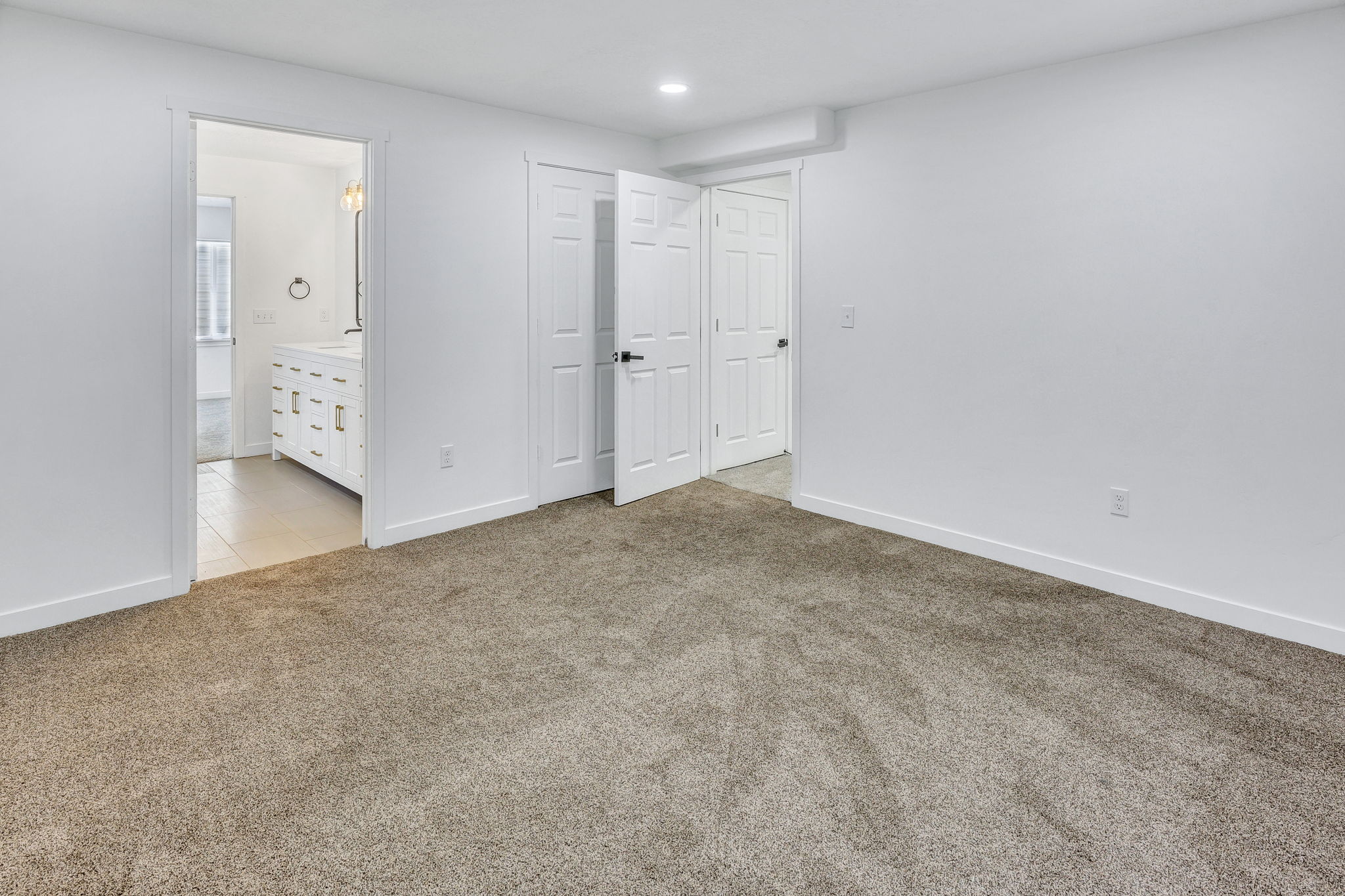 Carpeted room with white walls, baseboards, and trim