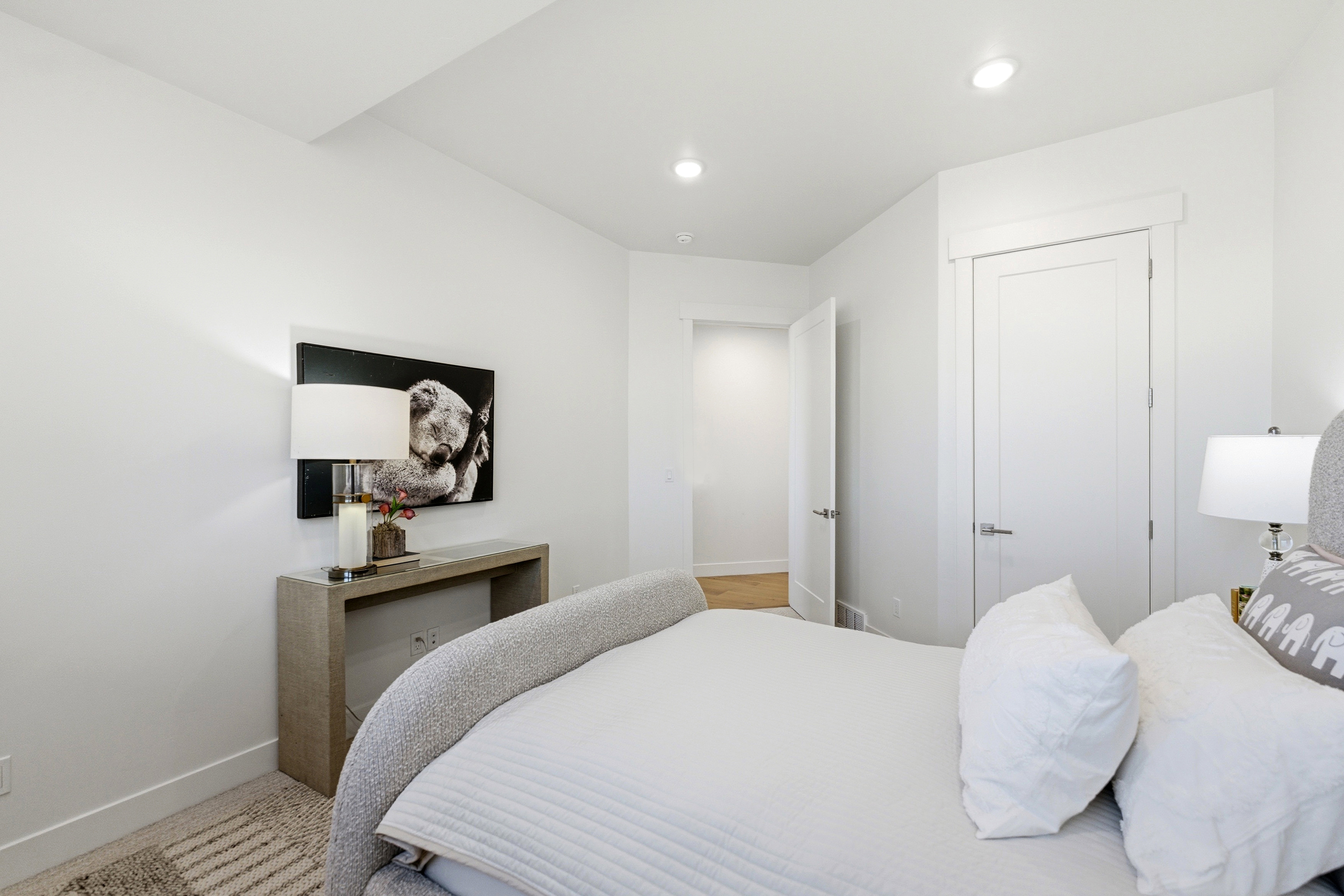 Room featuring recessed ceiling lighting, a contemporary white door with brushed nickel hardware, and a second interior door with brushed nickel hardware