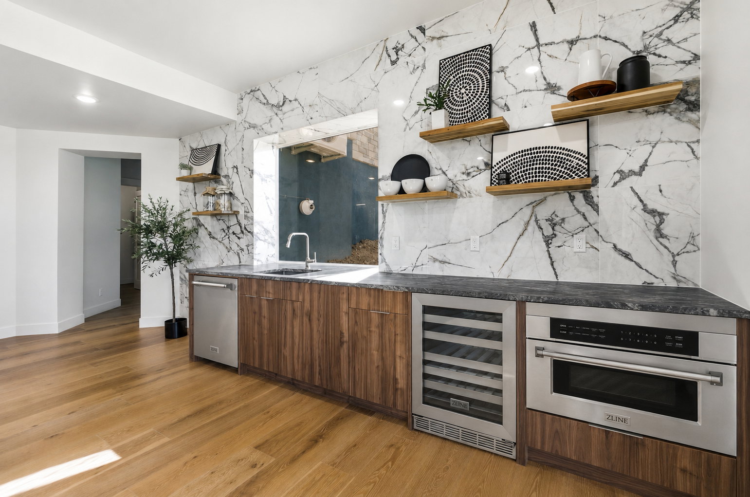 Wet bar featuring wood-finish cabinetry, a stone countertop, and a marble-patterned tile backsplash, appliances virtually staged
