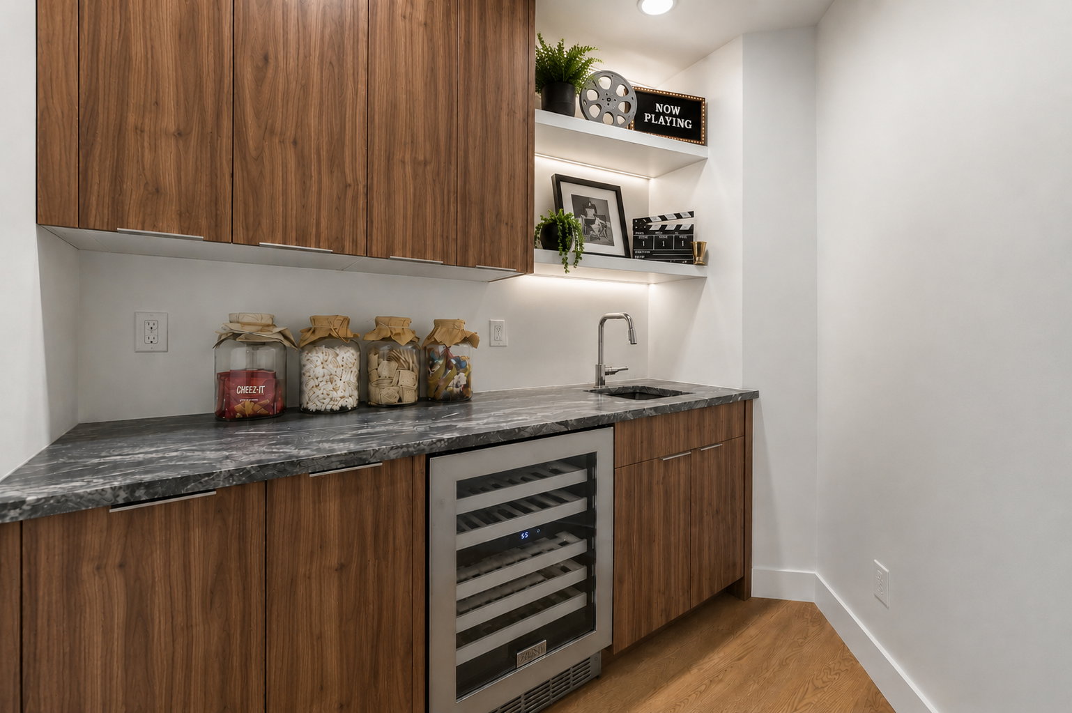 Wet bar in media room, digitally staged with wine fridge
