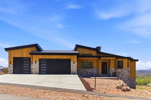 Modern architecture featuring light wood siding and stone veneer accents