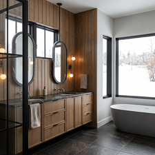 Bathroom featuring a floating wood-finish double vanity with vessel sinks, oval mirrors, and wall-mounted faucets. Rendering using AI as home is under construction.