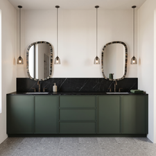 Dual vanity with dark green cabinetry and a black marble-finish countertop. Rendering using AI as home is under construction.