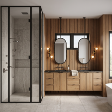 Contemporary bathroom featuring a spacious glass-enclosed shower with tiled walls and a built-in bench. Rendering using AI as home is under construction.