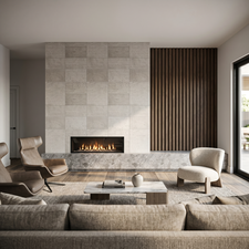 Modern living space featuring a linear fireplace with a stone surround, a textured wood-panel accent wall, wood-finish flooring, and a large sliding glass door. Rendering using AI as home is under construction.