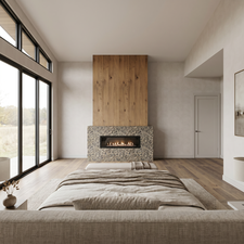 Contemporary fireplace featuring a linear flame display, stone surround, and wood-paneled accent wall. Rendering using AI as home is under construction.
