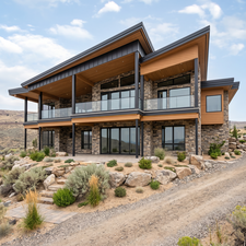 Modern architectural design featuring stone and wood-finish siding.  Rendering using AI as home is under construction.