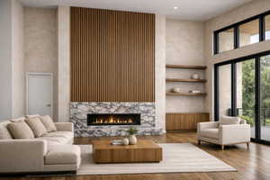 Living area featuring a floor-to-ceiling wood slat accent wall, a linear fireplace with a stone surround, and wood-finish flooring. Rendering using AI as home is under construction.