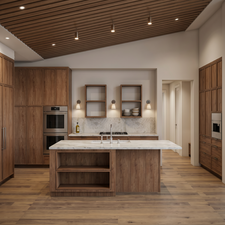 Gourmet kitchen with an expansive island featuring a built-in sink and open shelving. Rendering using AI as home is under construction.