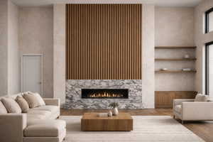 Modern living area featuring a linear fireplace with a marble surround. Rendering using AI as home is under construction.