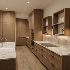 Well-appointed kitchen featuring light wood-finish cabinetry, integrated appliances, and a built-in cooktop. Rendering using AI as home is under construction.
