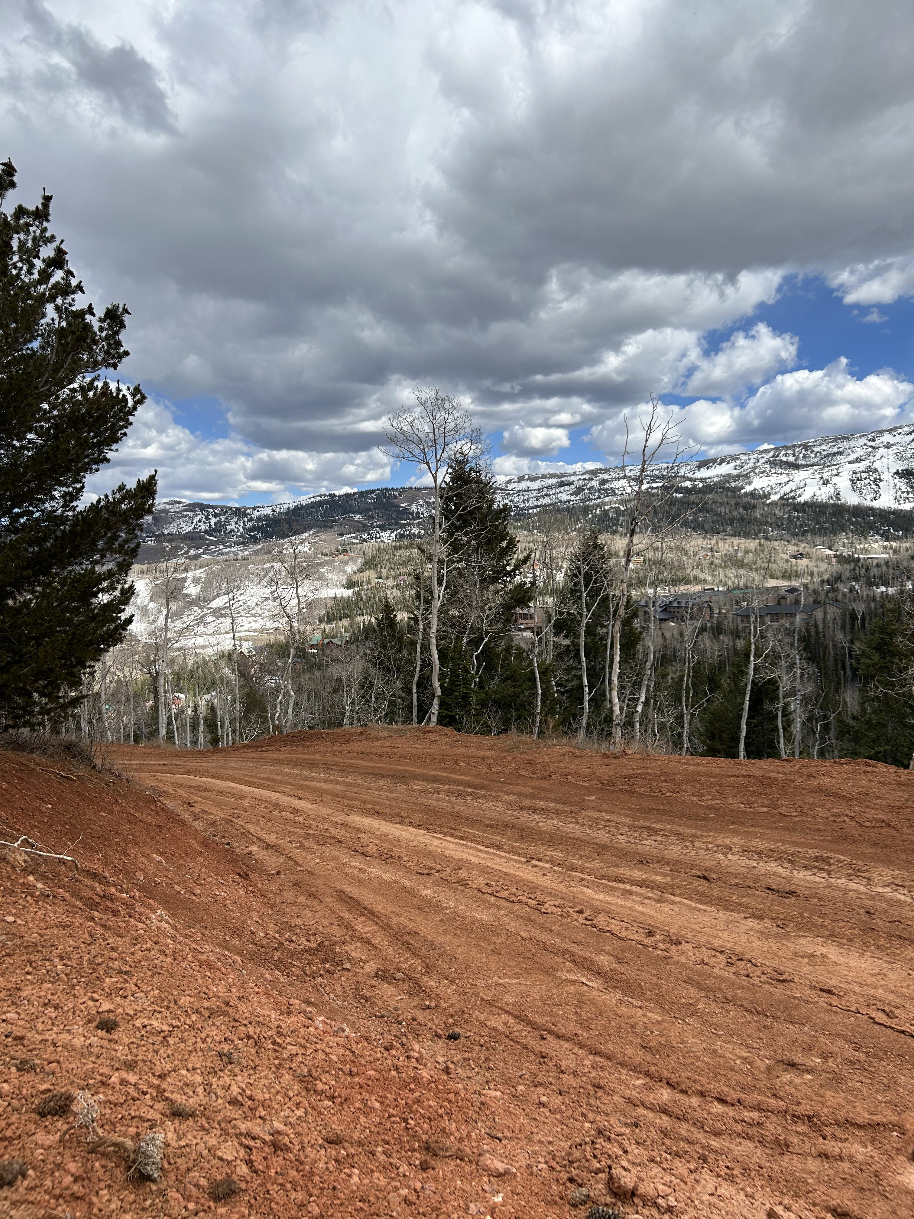 Cleared building site featuring red earth, surrounded by evergreen trees and distant snow-capped mountains