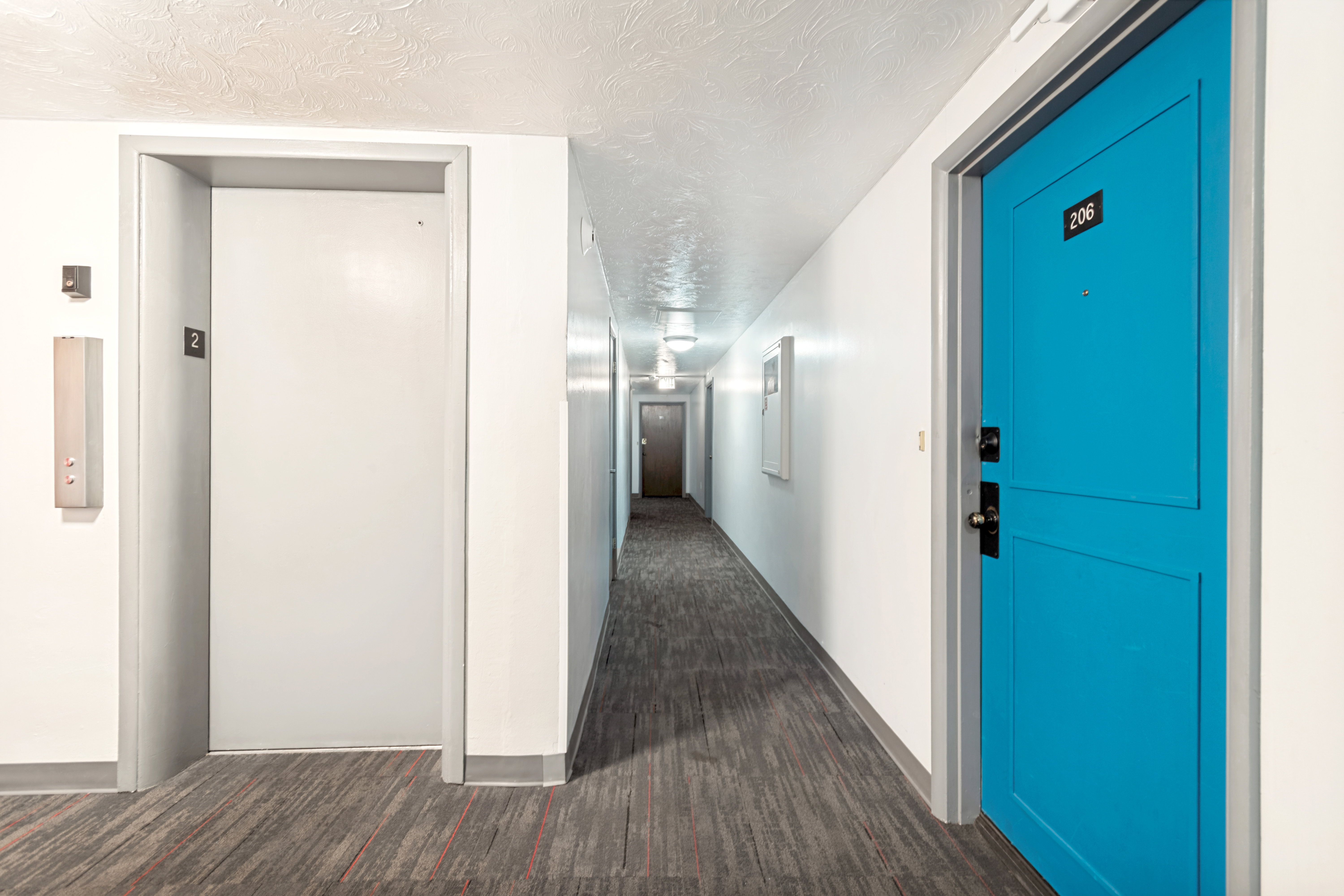 Modern entryway featuring a bright blue panel door, dark hardware, and a number plaque