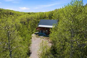 Log cabin exterior with an expansive surrounding landscape of mature trees