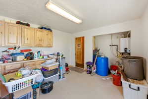 Utility area featuring custom wood cabinetry, a built-in countertop, an exposed water heater, and an adjacent wood-paneled door