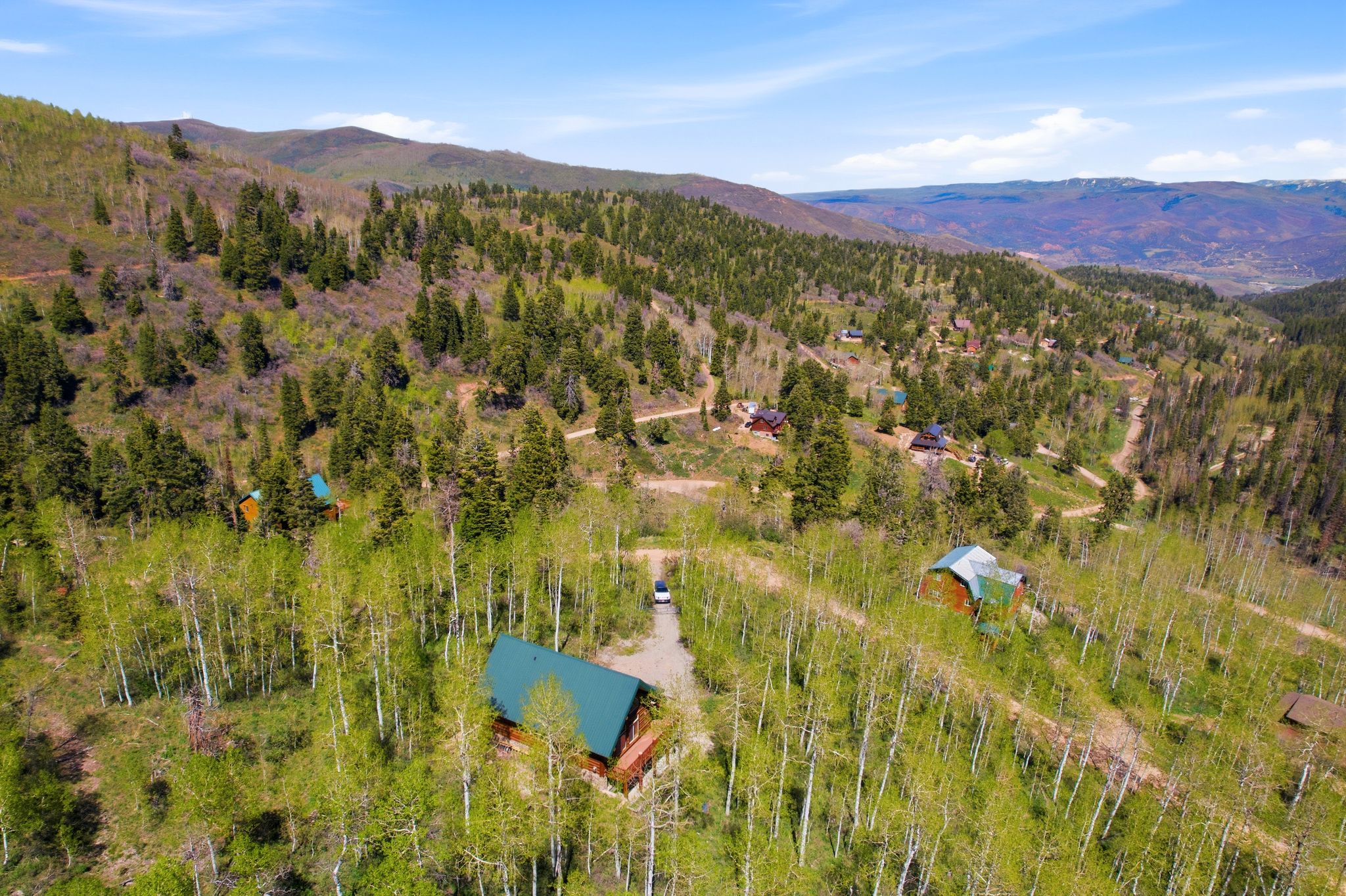 Wood-clad cabin featuring a green metal roof, surrounded by mature aspen trees and pine forests