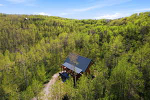 Wood-sided home featuring a dark metal roof, elevated porch, and surrounding mature trees