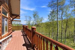 Expansive log-sided deck featuring a wood railing and a natural tree-lined backdrop