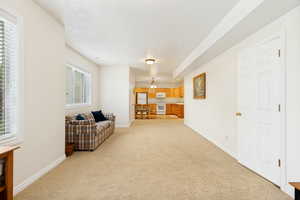 Carpeted living area with two windows, featuring a kitchen beyond with wood cabinetry and white appliances