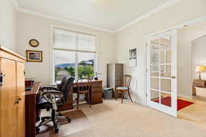 Bright room featuring an expansive window with mountain scenery, crown molding, and a paneled glass door