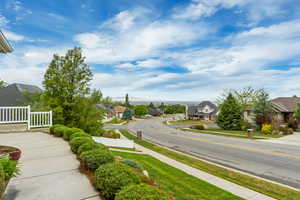 Paved driveway bordered by manicured shrubs and a white picket fence, overlooking a tree-lined street with distant mountain scenery
