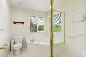 Bathroom featuring a corner soaking tub with brass fixtures, a separate shower enclosure with a brass frame, and a toilet