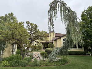 Landscaped exterior featuring a weeping cedar tree, mature deciduous trees, and varied plantings