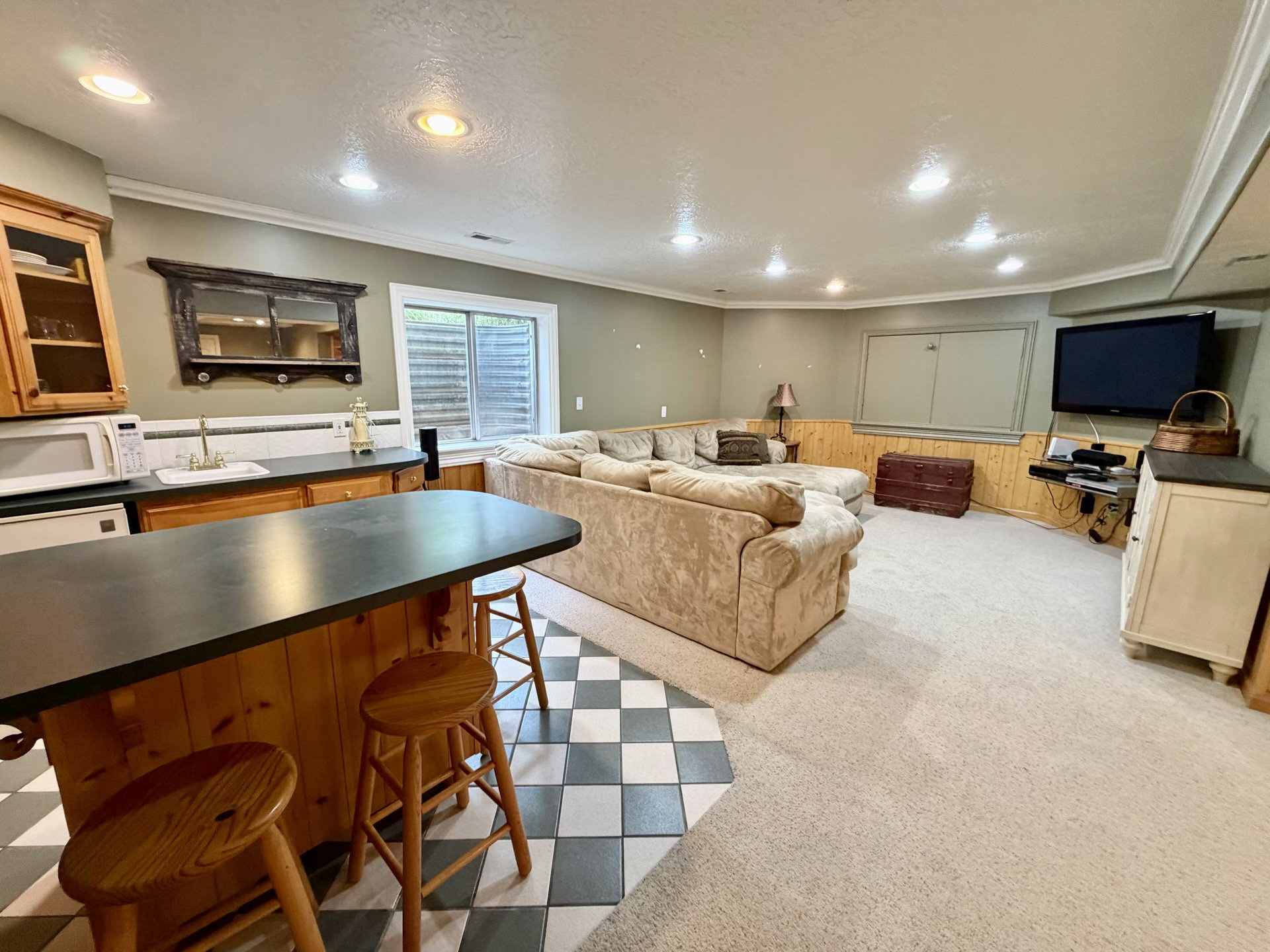 Recreational room with a built-in wet bar featuring wood cabinetry and a black countertop