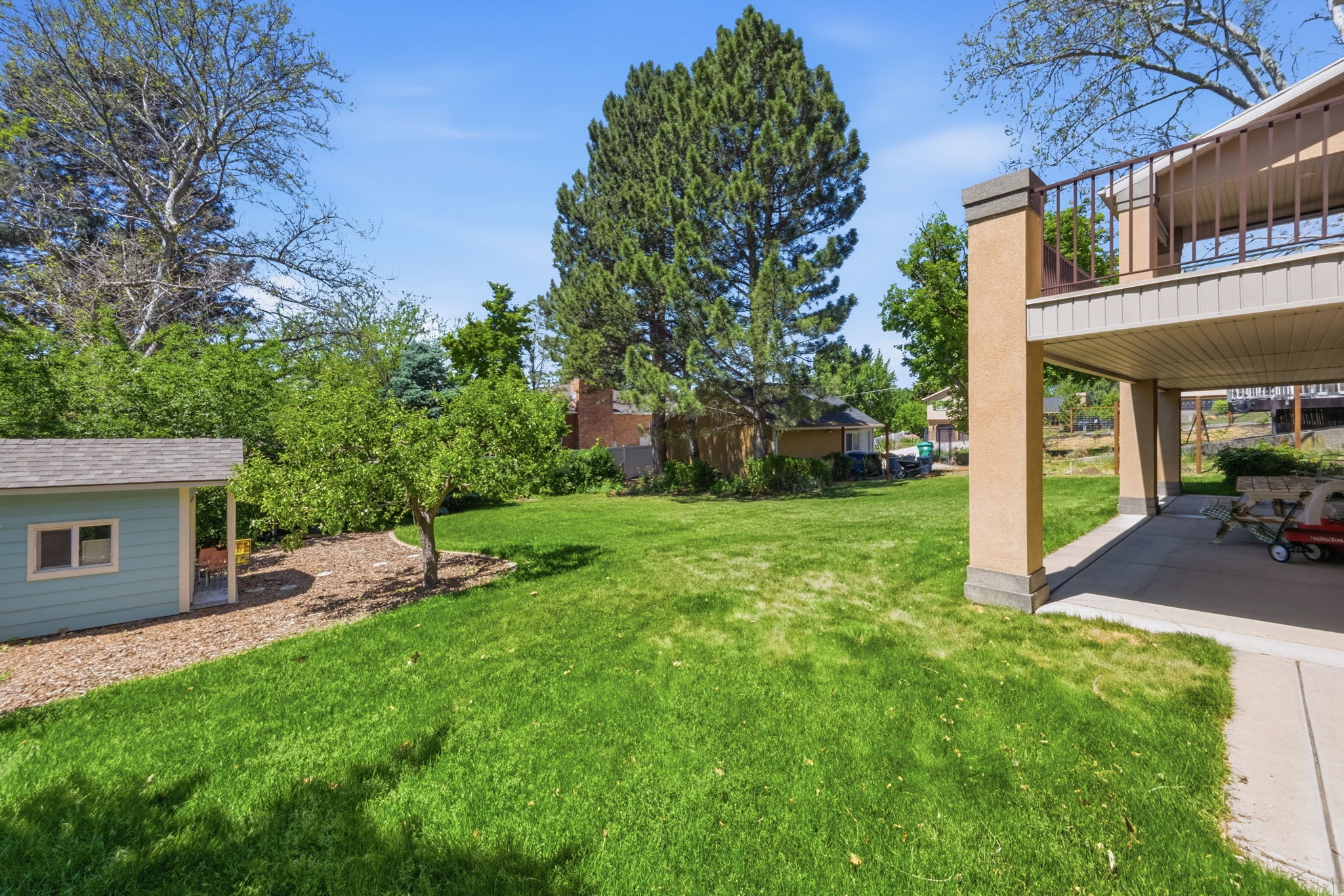 Expansive backyard featuring a lush lawn, mature trees, a dedicated shed, and a covered patio area