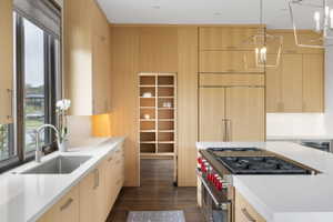 Gourmet kitchen featuring extensive light wood cabinetry, white countertops, built-in panel-front refrigerator, stainless steel range, and a large window above the sink